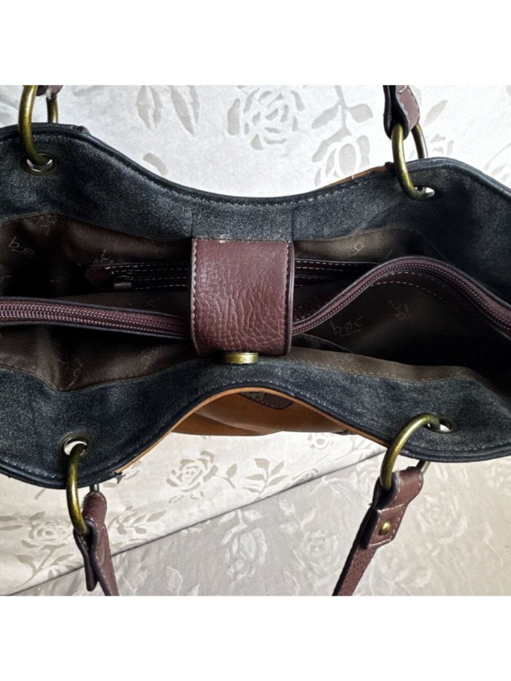 B.O.C. Two-Tone Leather Shoulder Tote Bag Front Zipper Pocket & Dual Handles - Picture 5 of 8